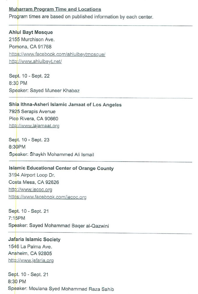 Muharram Program time and locations in United states